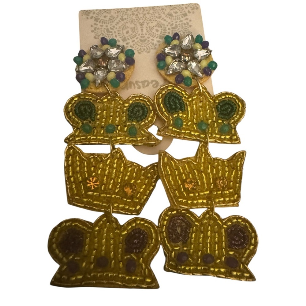 Gold Crown Earrings with Gem Accents